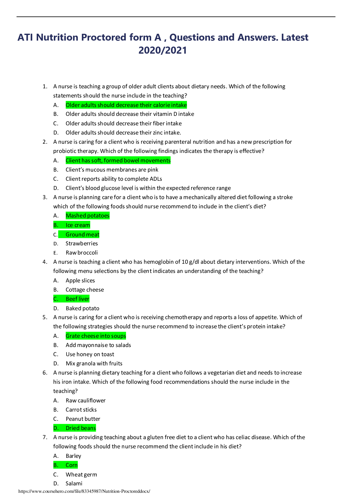 Preview image for ATI Nutrition Proctored form A , Questions and Answers. Latest 2020/2021